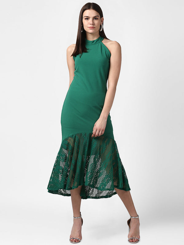 Women's Green Asymmetrical Lace Dress