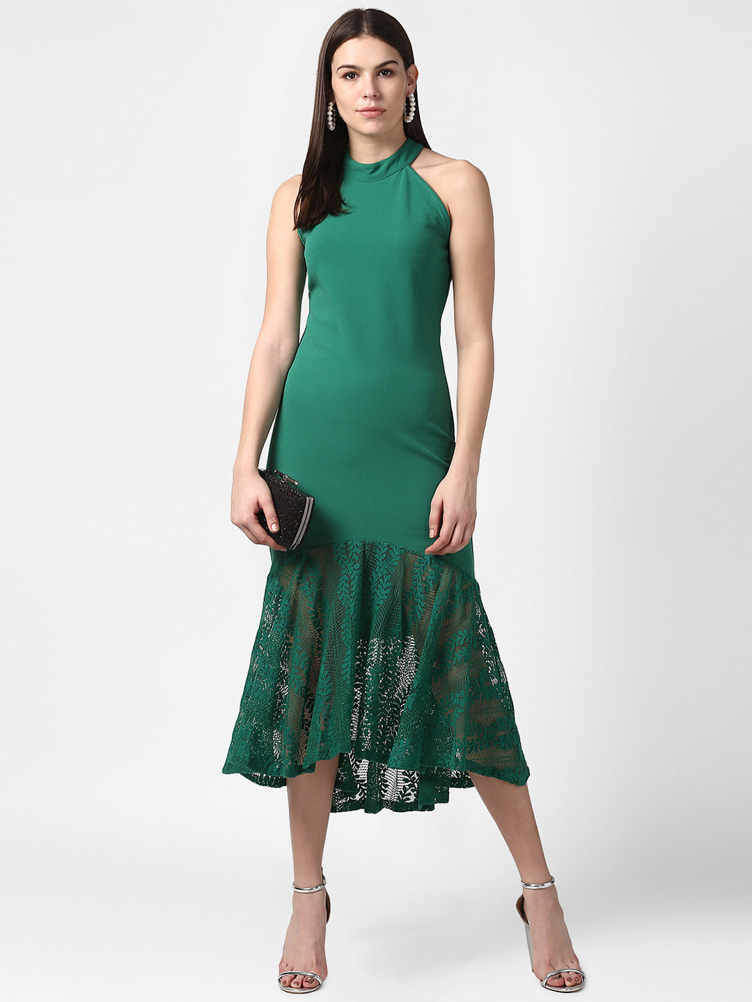 Women's Green Asymmetrical Lace Dress