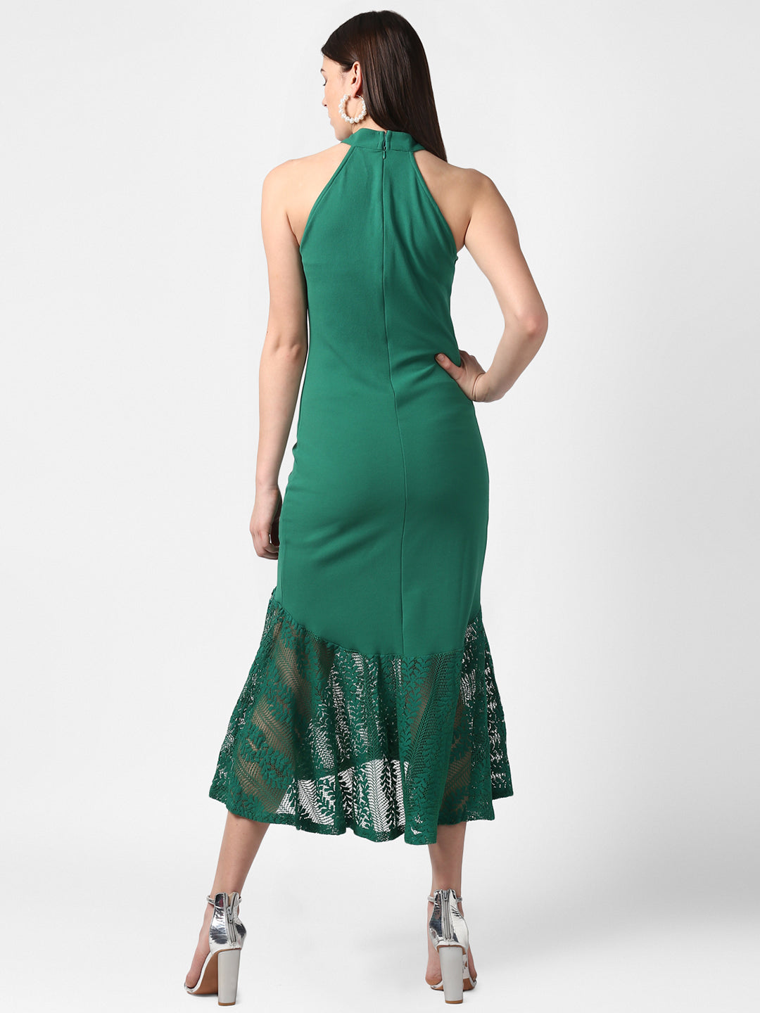 Women's Green Asymmetrical Lace Dress