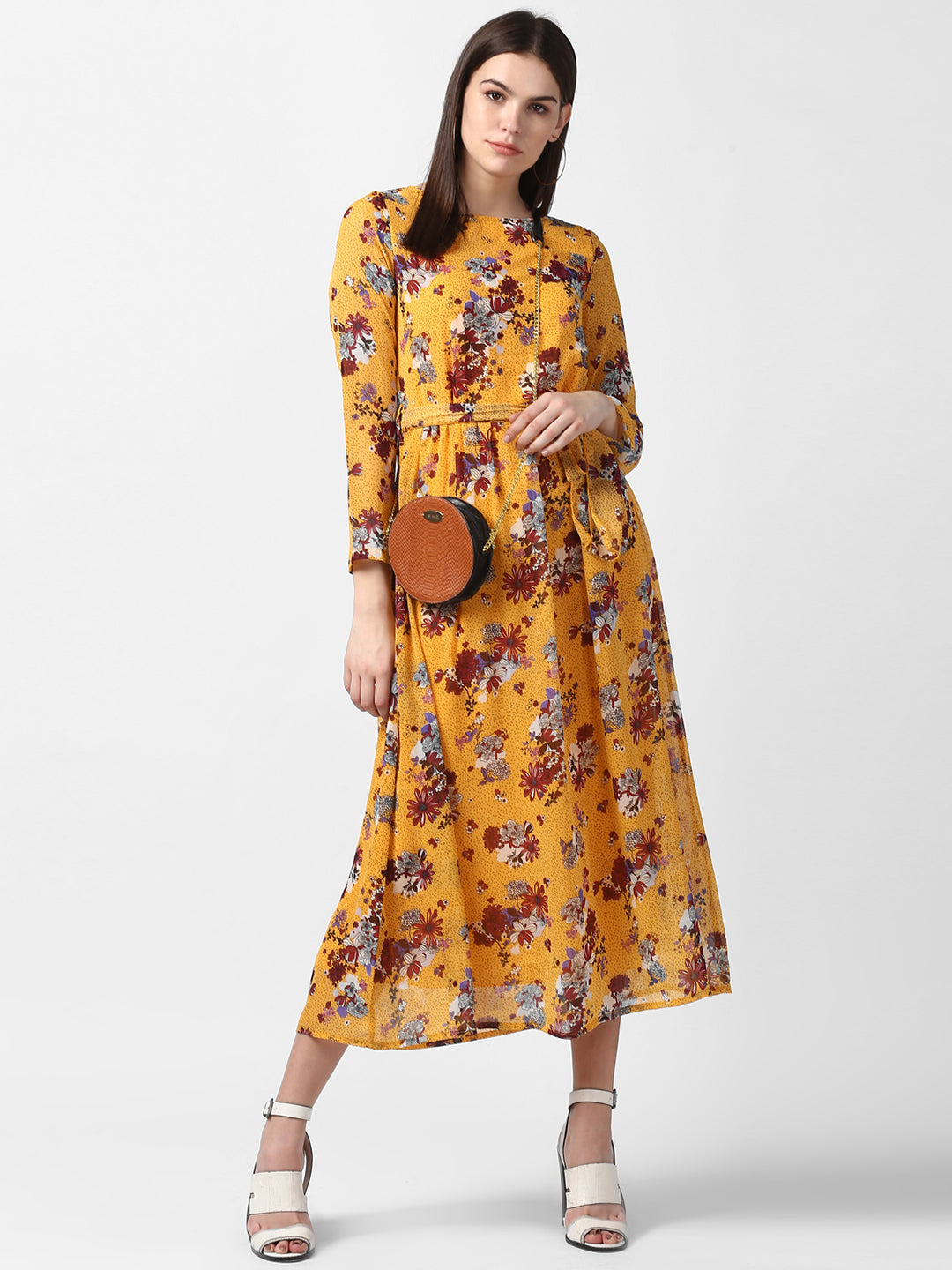 Women's Floral Chiffon Dress with Belt