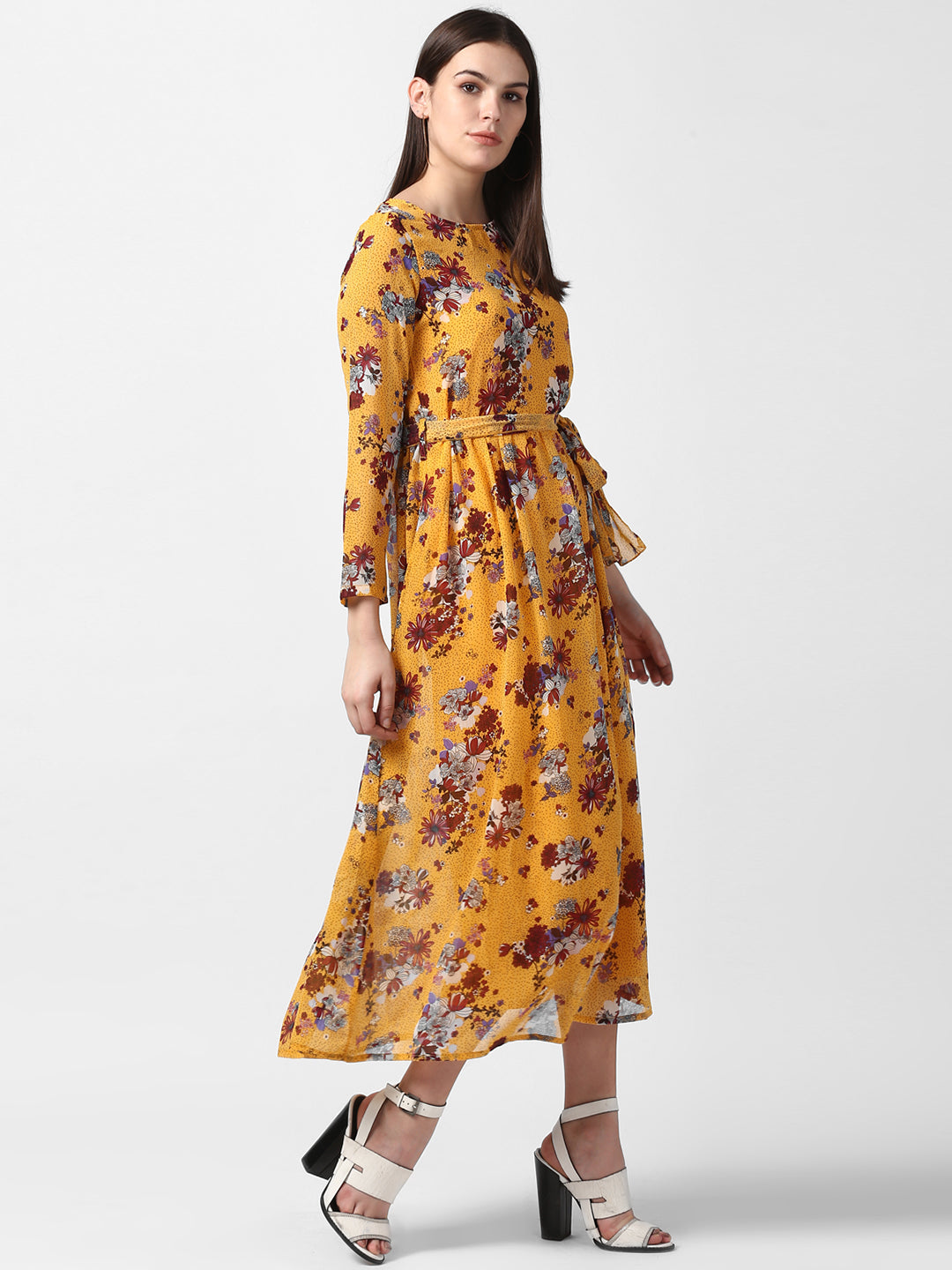 Women's Floral Chiffon Dress with Belt