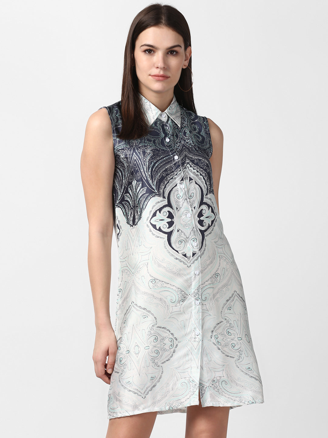 Women's Satin Printed Dress with front Buttons