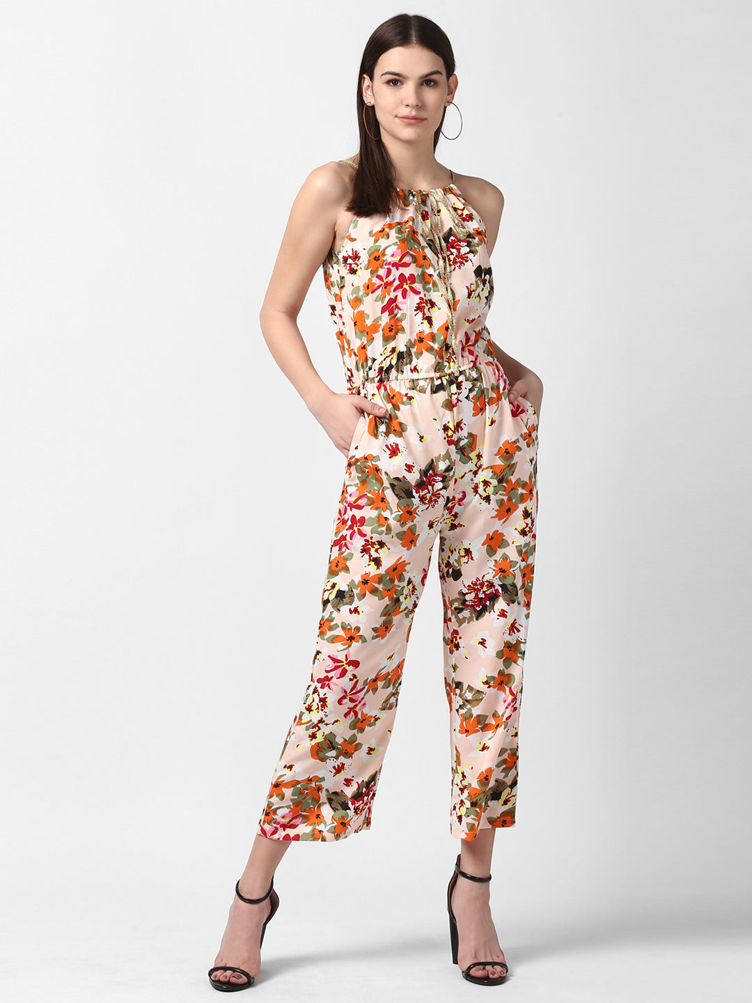 Women's Floral Printed Jumpsuit with Gold Lace Neckstrap