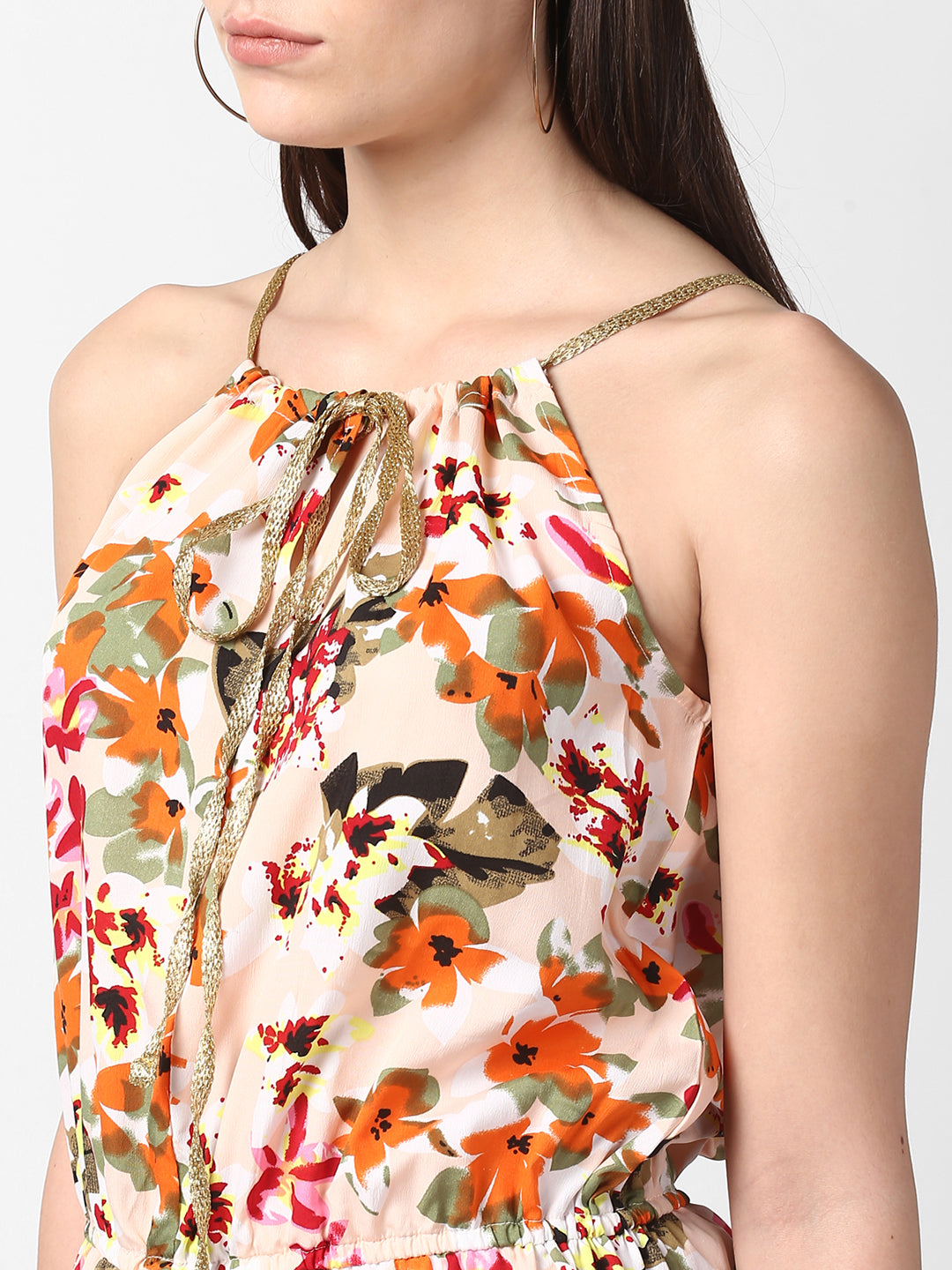 Women's Floral Printed Jumpsuit with Gold Lace Neckstrap