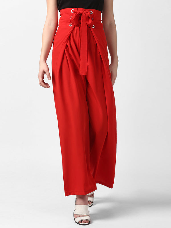 Women's Red Polyester High Waisted Palazzo with front Rivets and Back Elastic