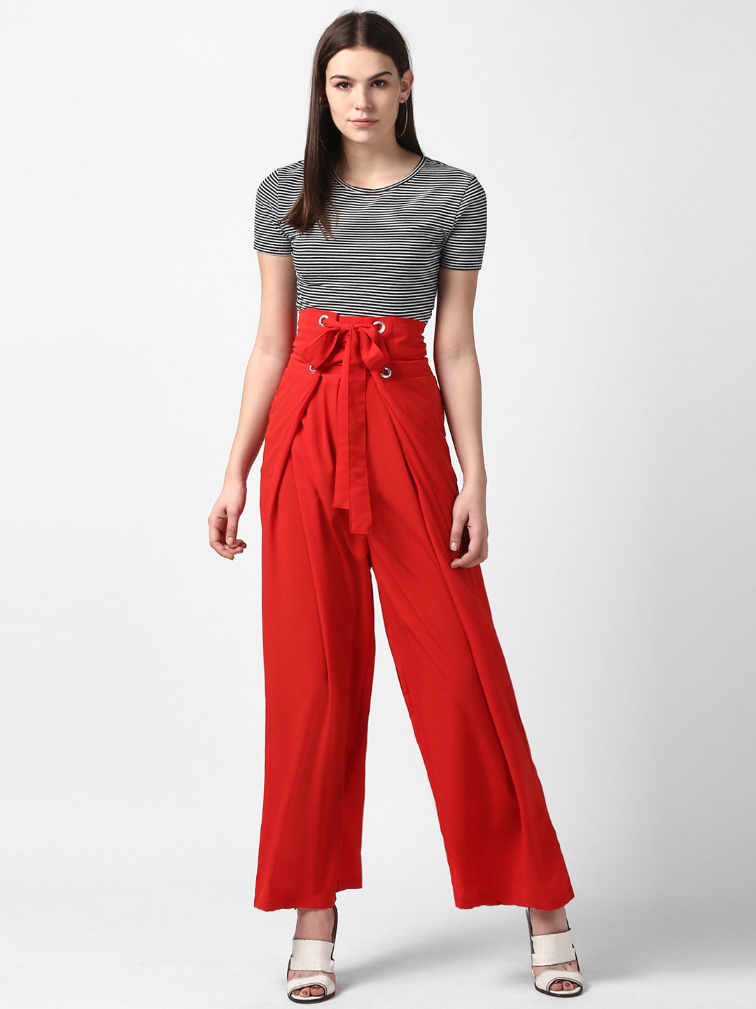 Women's Red Polyester High Waisted Palazzo with front Rivets and Back Elastic