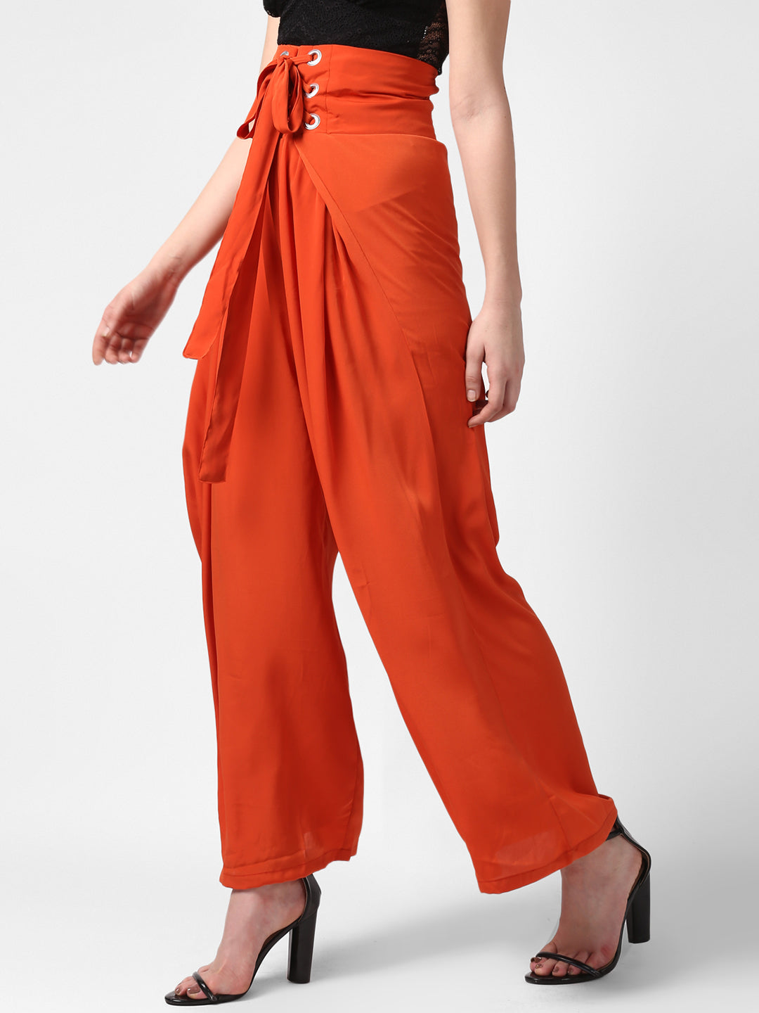 Women's Orange Polyester High Waisted Palazzo with front Rivets and Back Elastic
