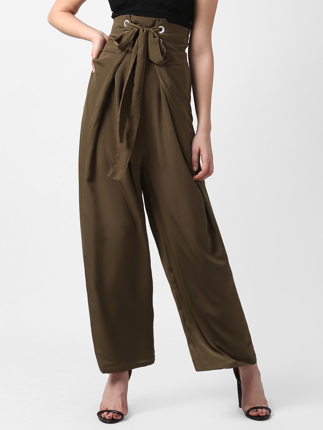 Women's Olive Polyester High Waisted Palazzo with front Rivets and Back Elastic