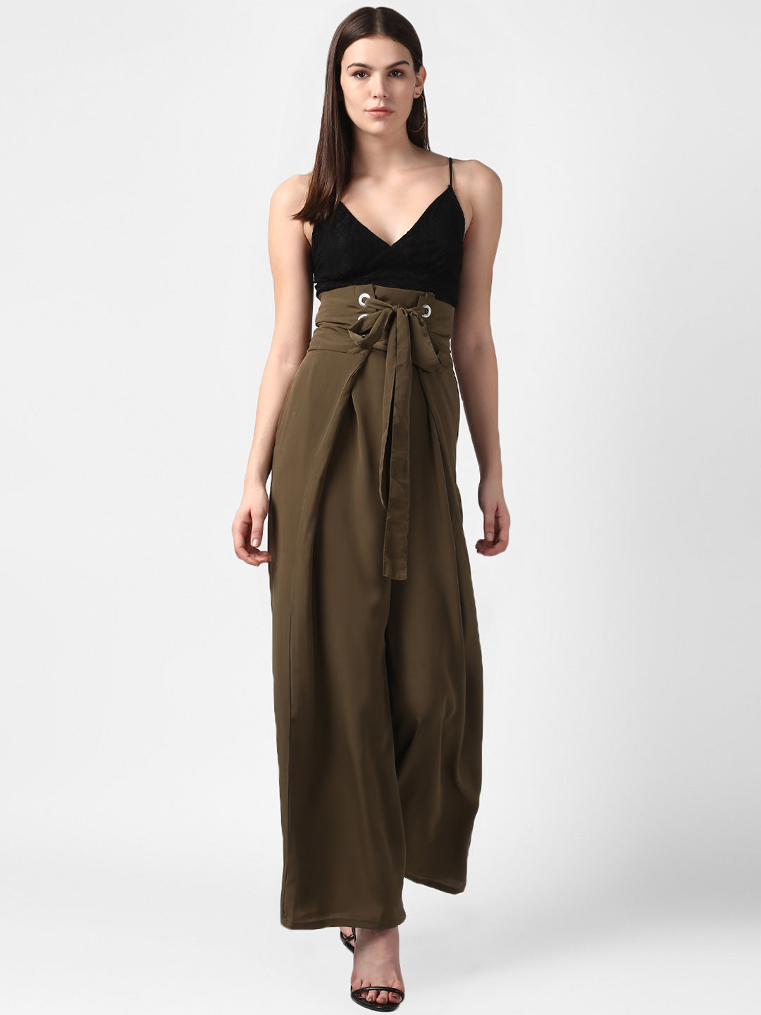 Women's Olive Polyester High Waisted Palazzo with front Rivets and Back Elastic