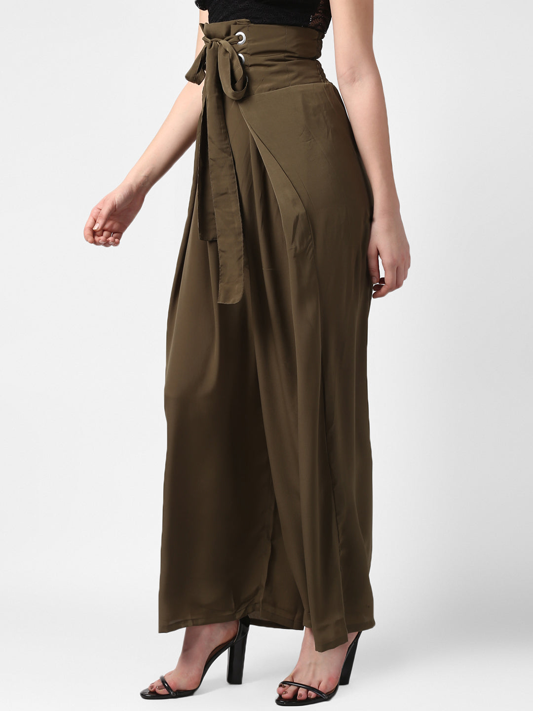 Women's Olive Polyester High Waisted Palazzo with front Rivets and Back Elastic