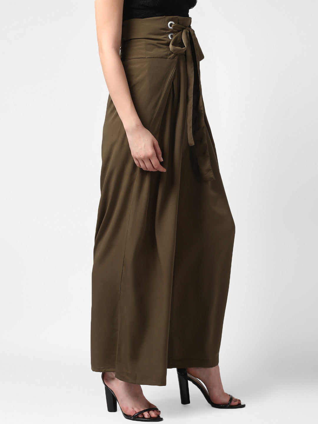 Women's Olive Polyester High Waisted Palazzo with front Rivets and Back Elastic