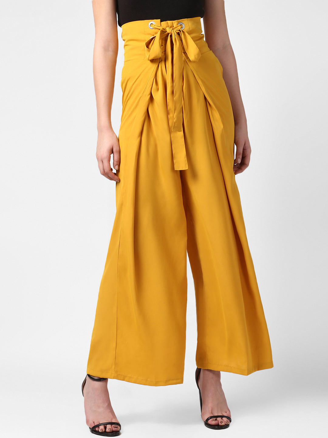 Women's Yellow Polyester High Waisted Palazzo with front Rivets and Back Elastic