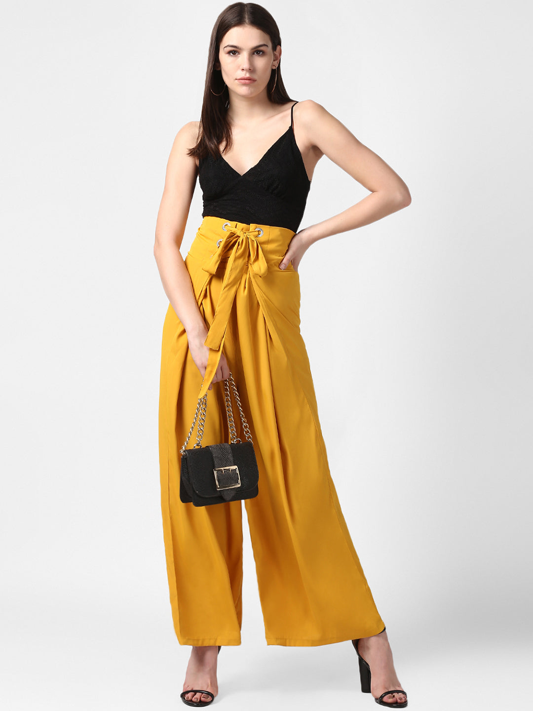 Women's Yellow Polyester High Waisted Palazzo with front Rivets and Back Elastic