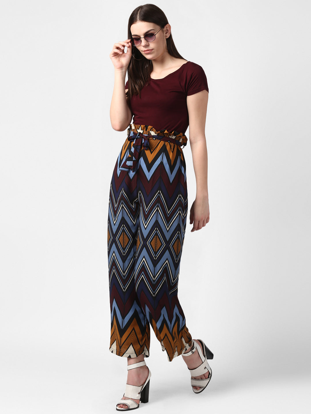 Women's MultiColour Chevron Print Paperbag Pants with elasticated waistband