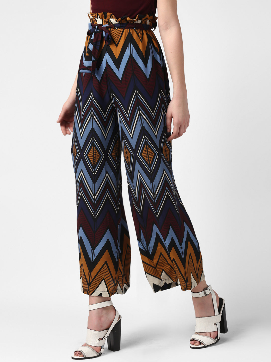 Women's MultiColour Chevron Print Paperbag Pants with elasticated waistband