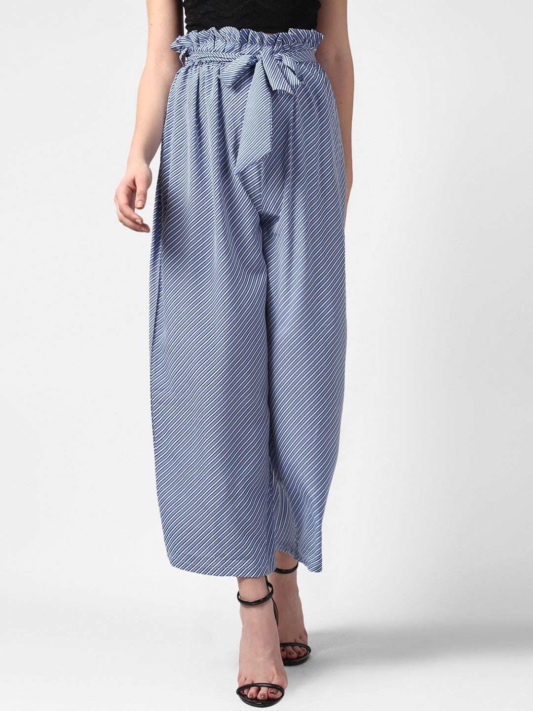 Women's Blue Stripe Paperbag Pants with elasticated waistband