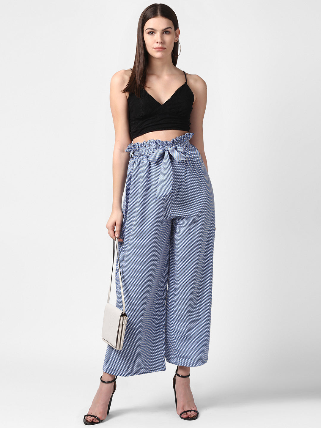 Women's Blue Stripe Paperbag Pants with elasticated waistband
