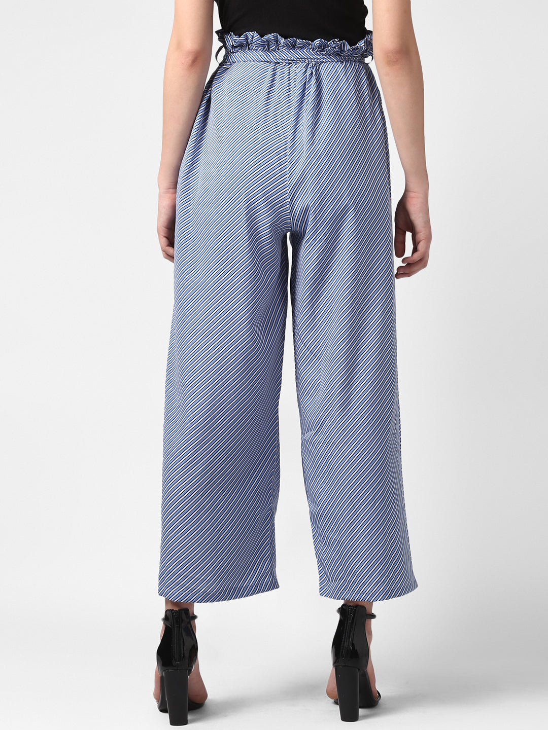 Women's Blue Stripe Paperbag Pants with elasticated waistband