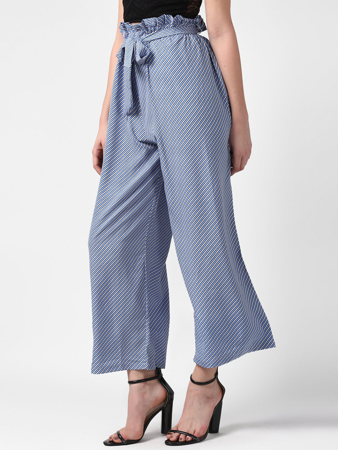 Women's Blue Stripe Paperbag Pants with elasticated waistband