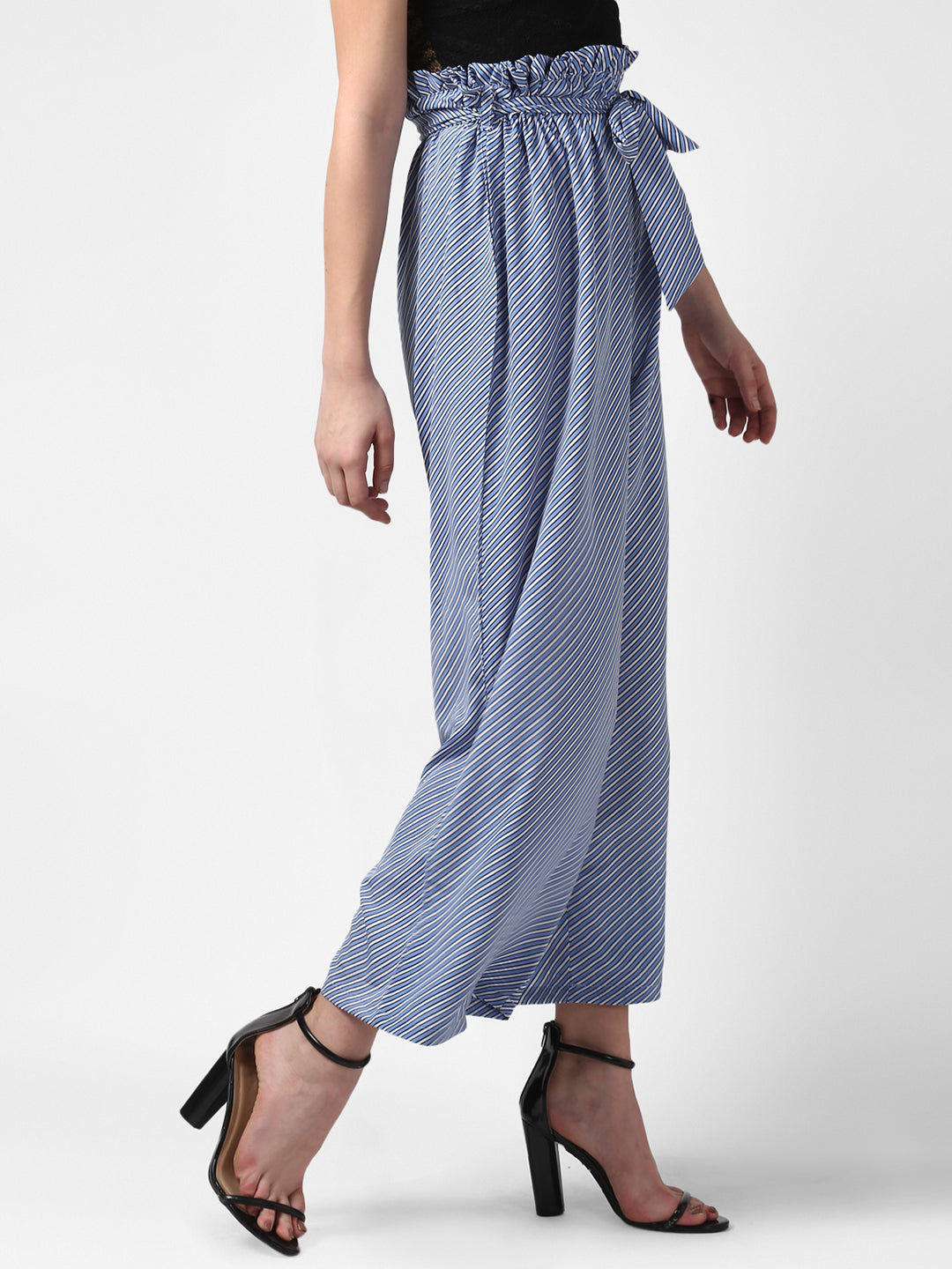 Women's Blue Stripe Paperbag Pants with elasticated waistband