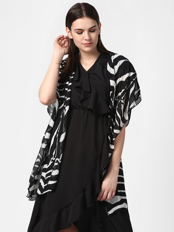 Women's Black and White Georgette Printed Open Shrug