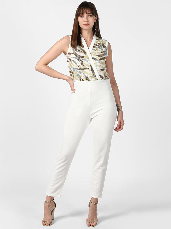Women's White and Golden-Silver Sequin Jumpsuit