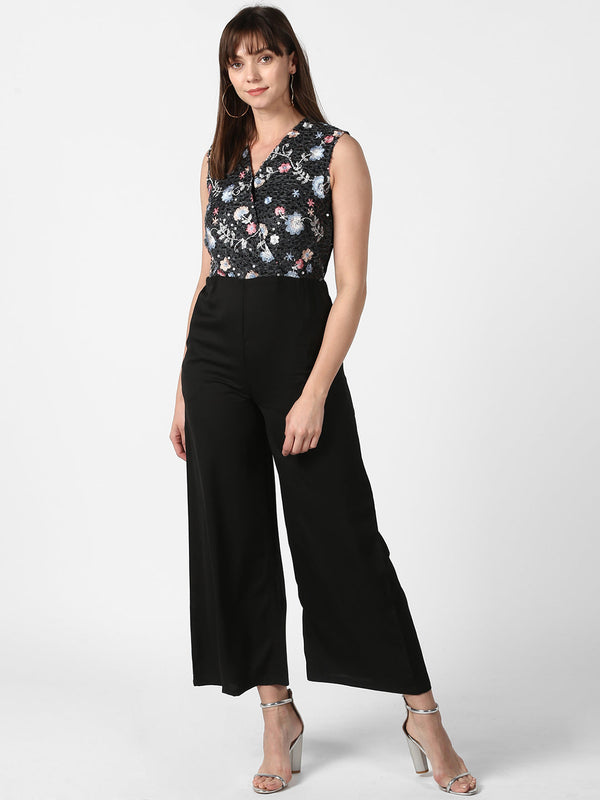 Women's Black and Multi-coloured embroidered Jumpsuit