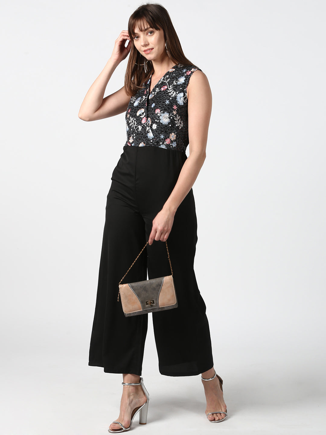 Women's Black and Multi-coloured embroidered Jumpsuit