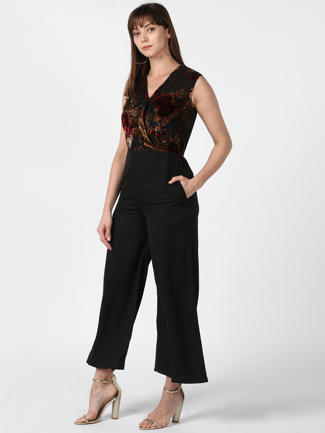 Women's Black and Red Flocking Print Jumpsuit