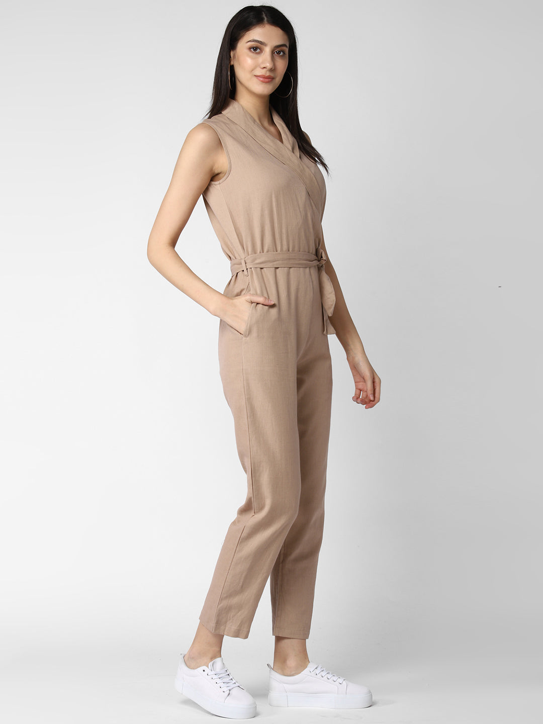 Women's Cotton Linen Beige Jumpsuit