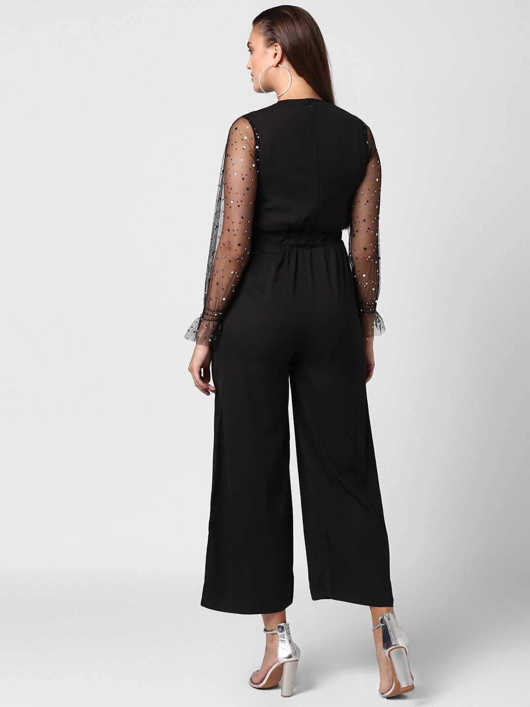 Women's Polyester embellished Net Sleeves jumpsuit