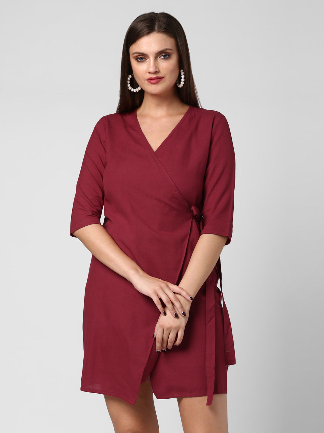 Women's Maroon Cotton Linen Wrap Dress