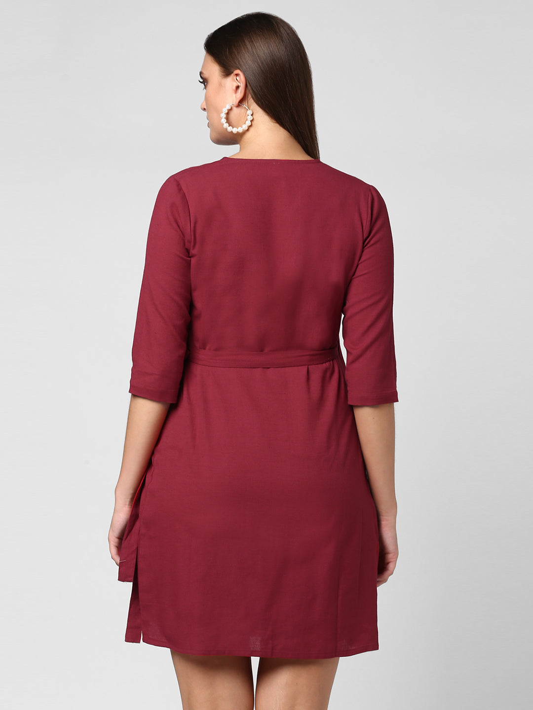 Women's Maroon Cotton Linen Wrap Dress