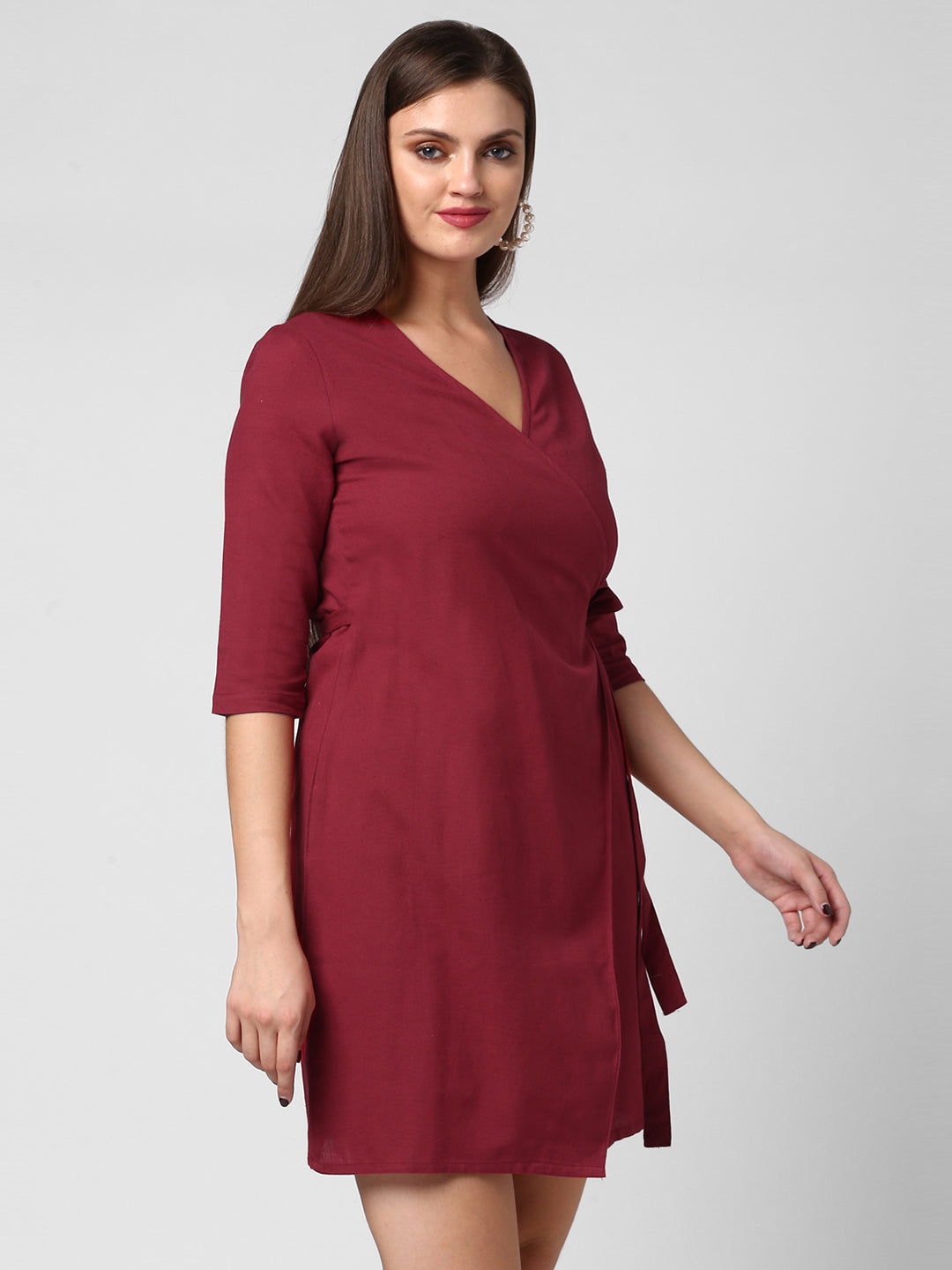 Women's Maroon Cotton Linen Wrap Dress