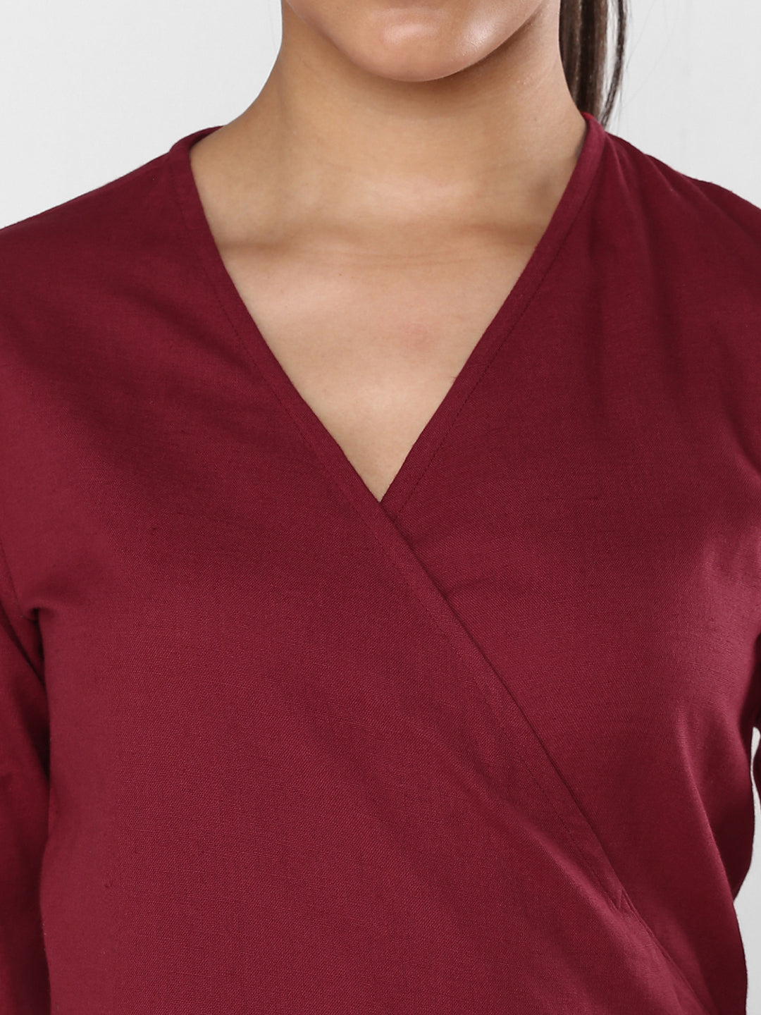 Women's Maroon Cotton Linen Wrap Dress