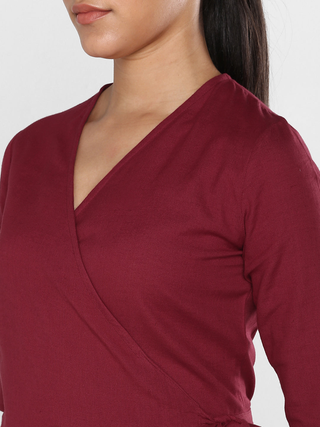 Women's Maroon Cotton Linen Wrap Dress