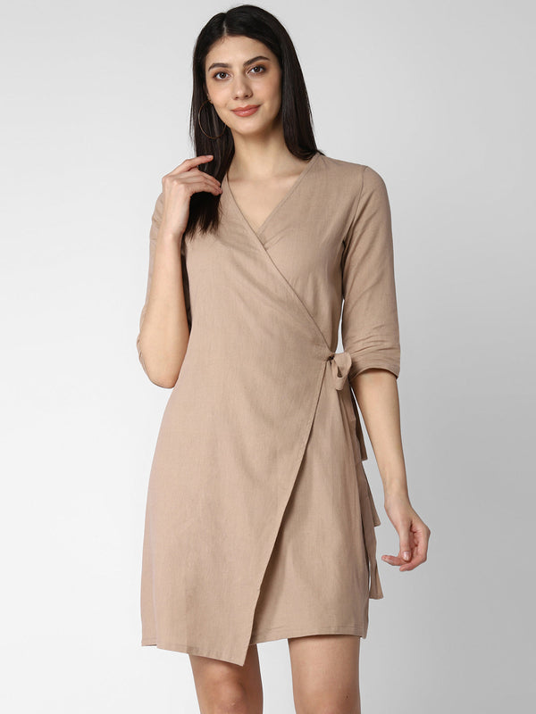 Women's Beige Cotton Linen Wrap Dress