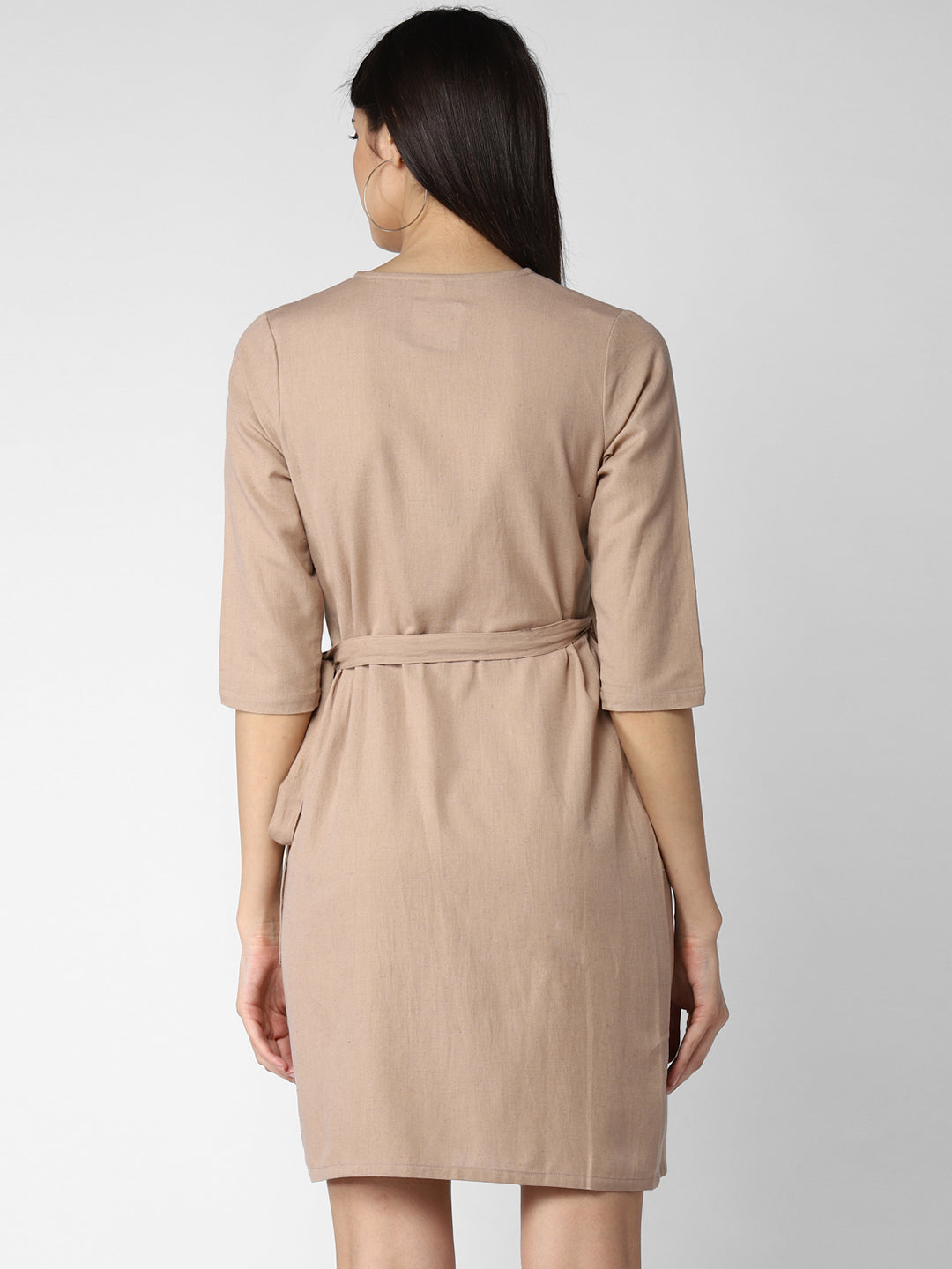 Women's Beige Cotton Linen Wrap Dress