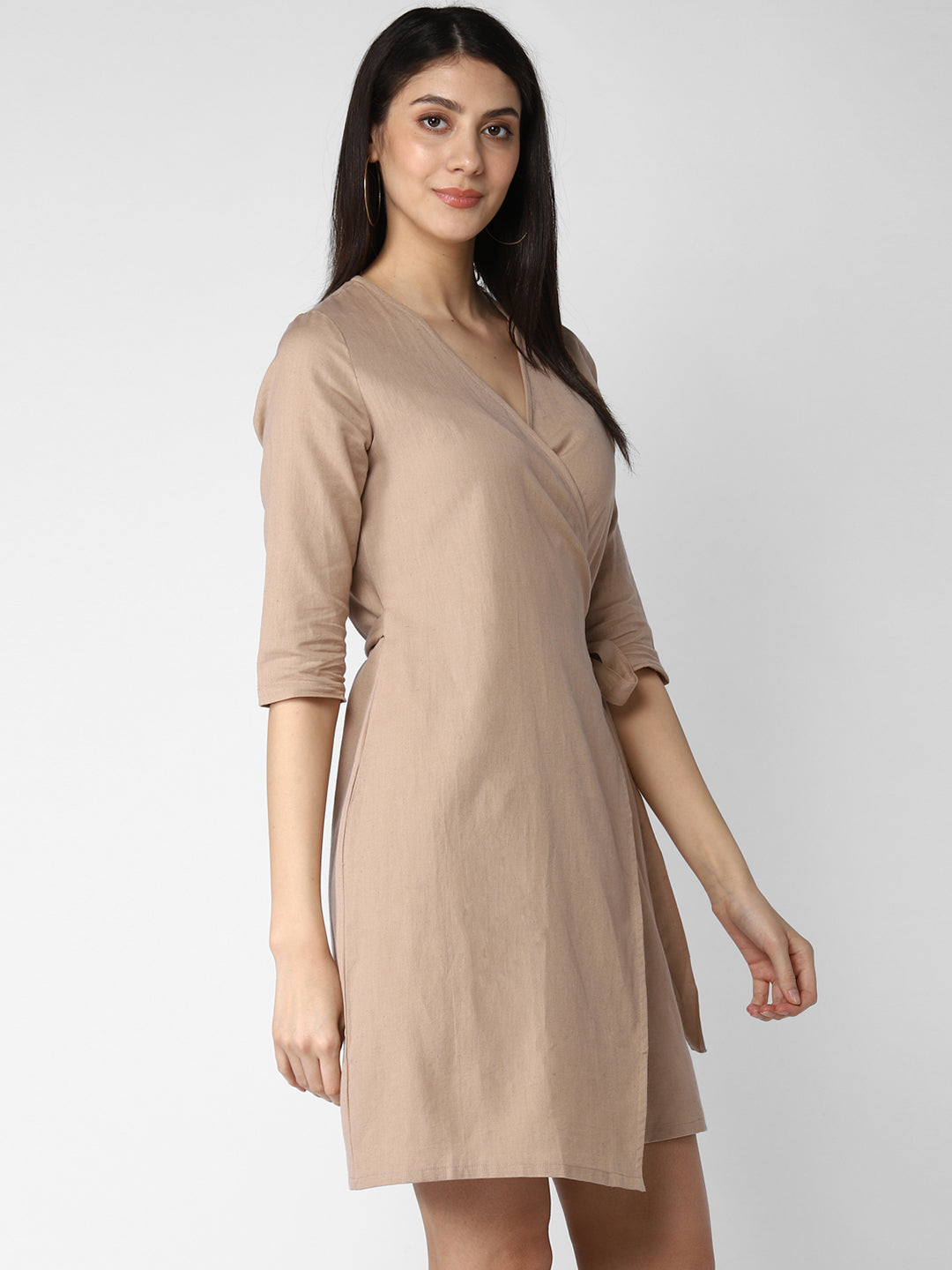 Women's Beige Cotton Linen Wrap Dress