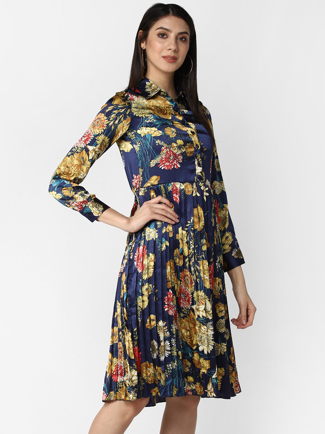 Women's Blue Satin Pleated Dress