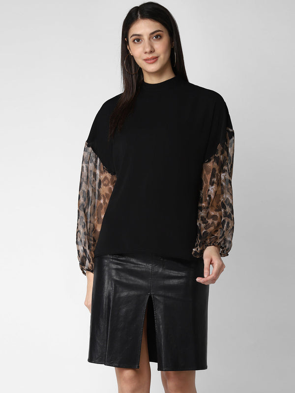 Women's Black top with Animal Print Sleeve