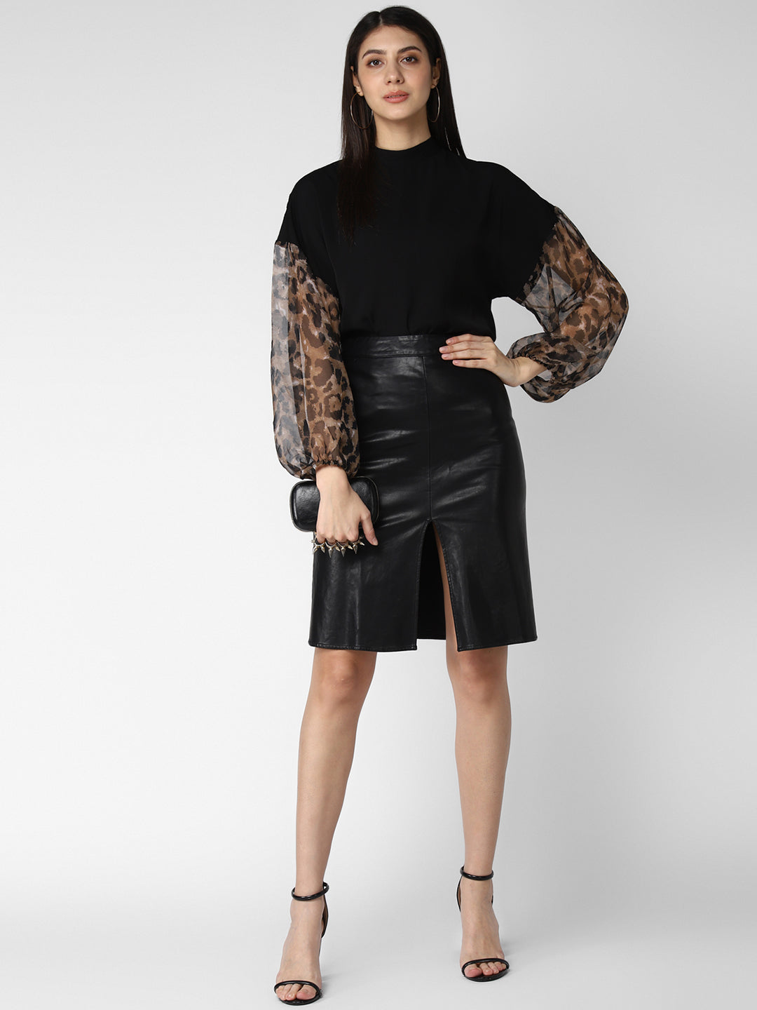 Women's Black top with Animal Print Sleeve