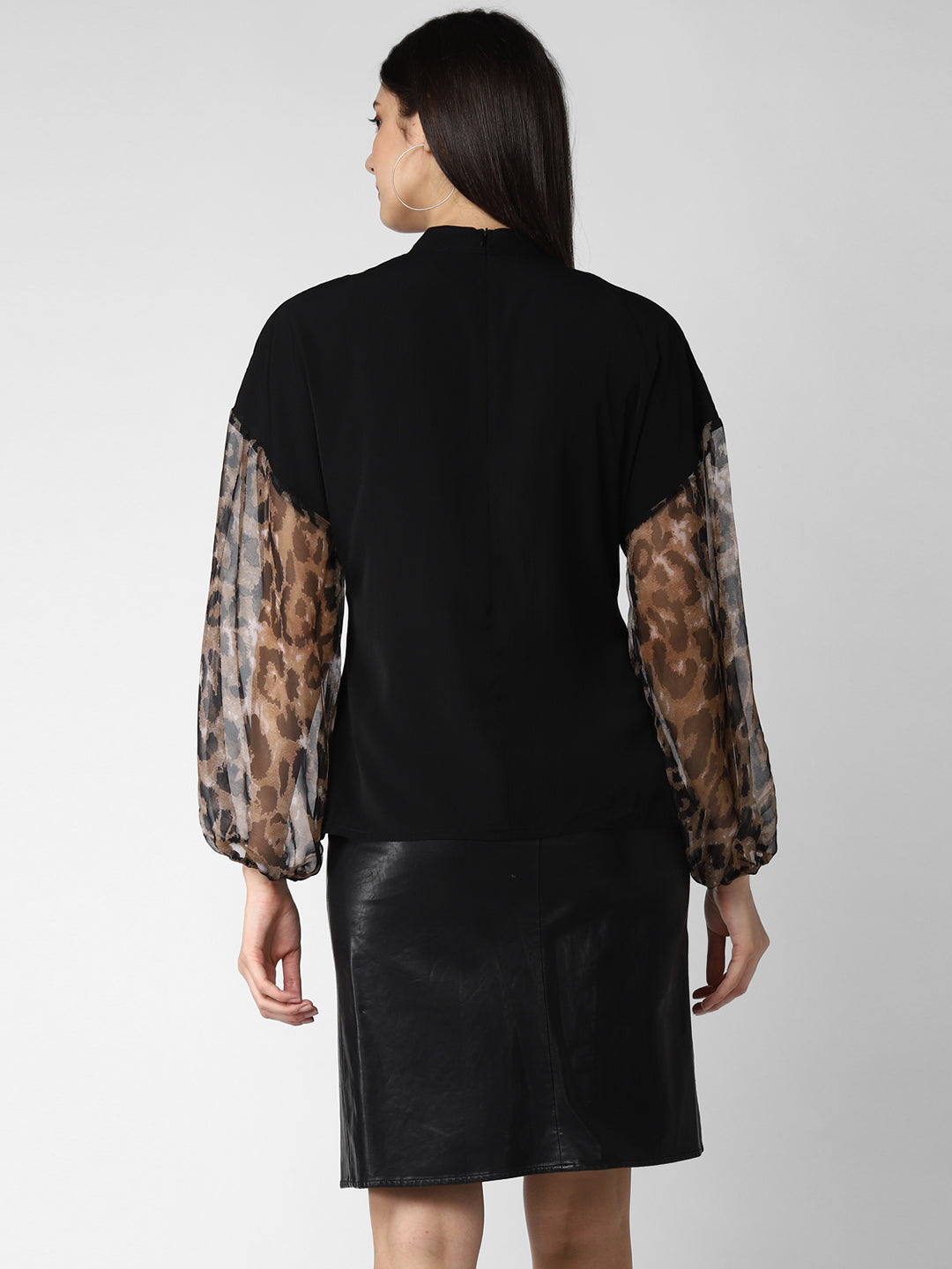 Women's Black top with Animal Print Sleeve
