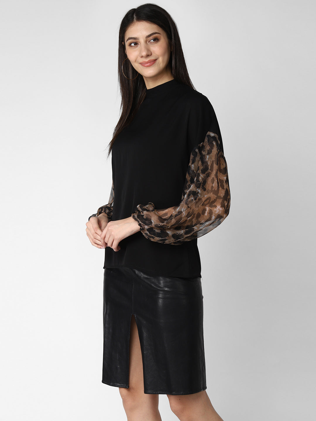 Women's Black top with Animal Print Sleeve