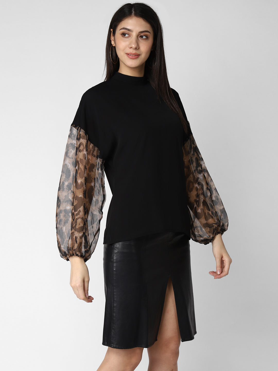 Women's Black top with Animal Print Sleeve