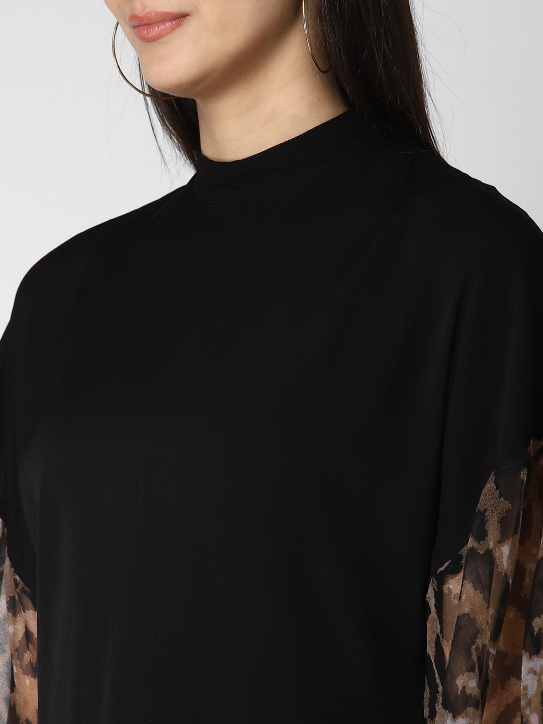 Women's Black top with Animal Print Sleeve