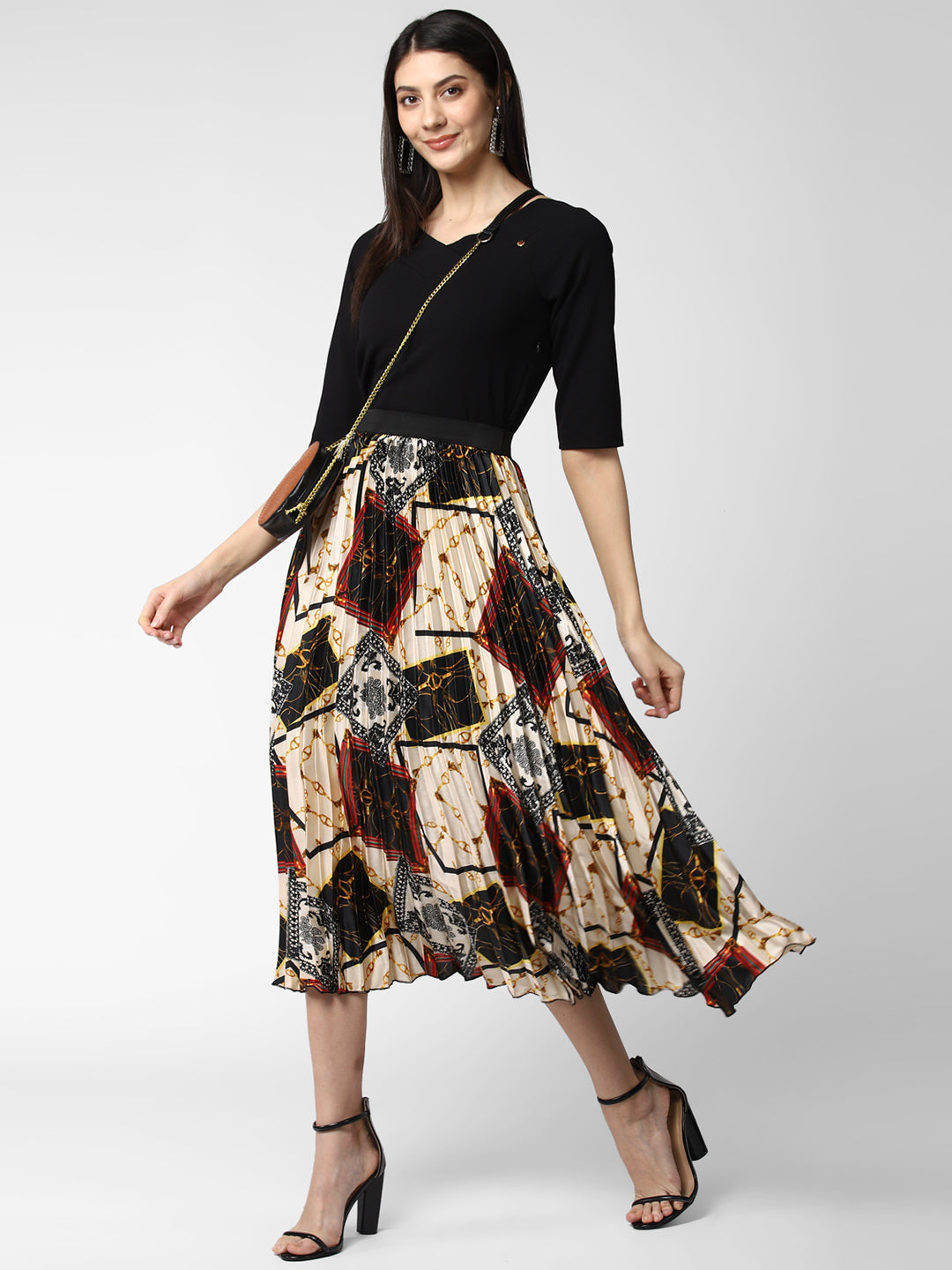 Women's Satin Printed Pleated Skirt