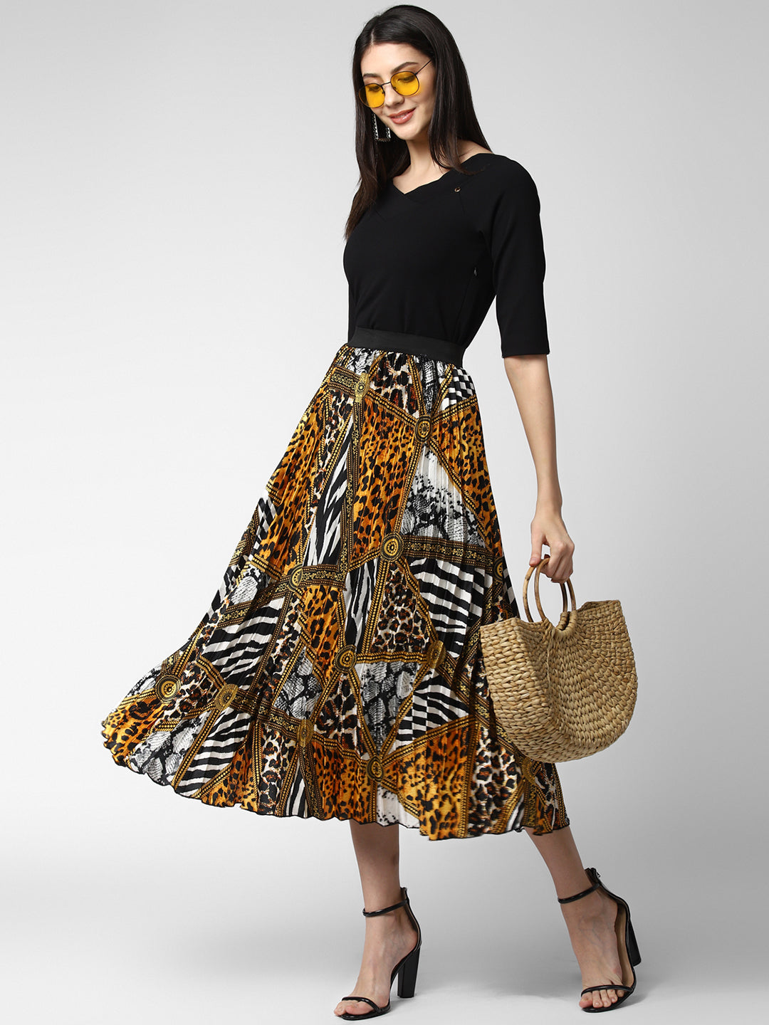 Women's Satin Printed Pleated Skirt
