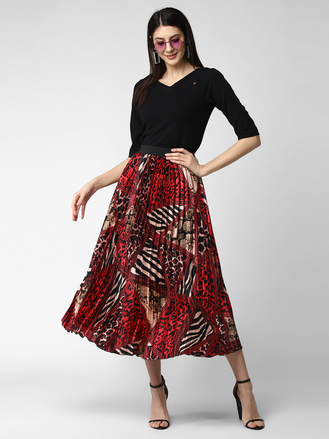 Women's  Satin Printed Pleated Skirt