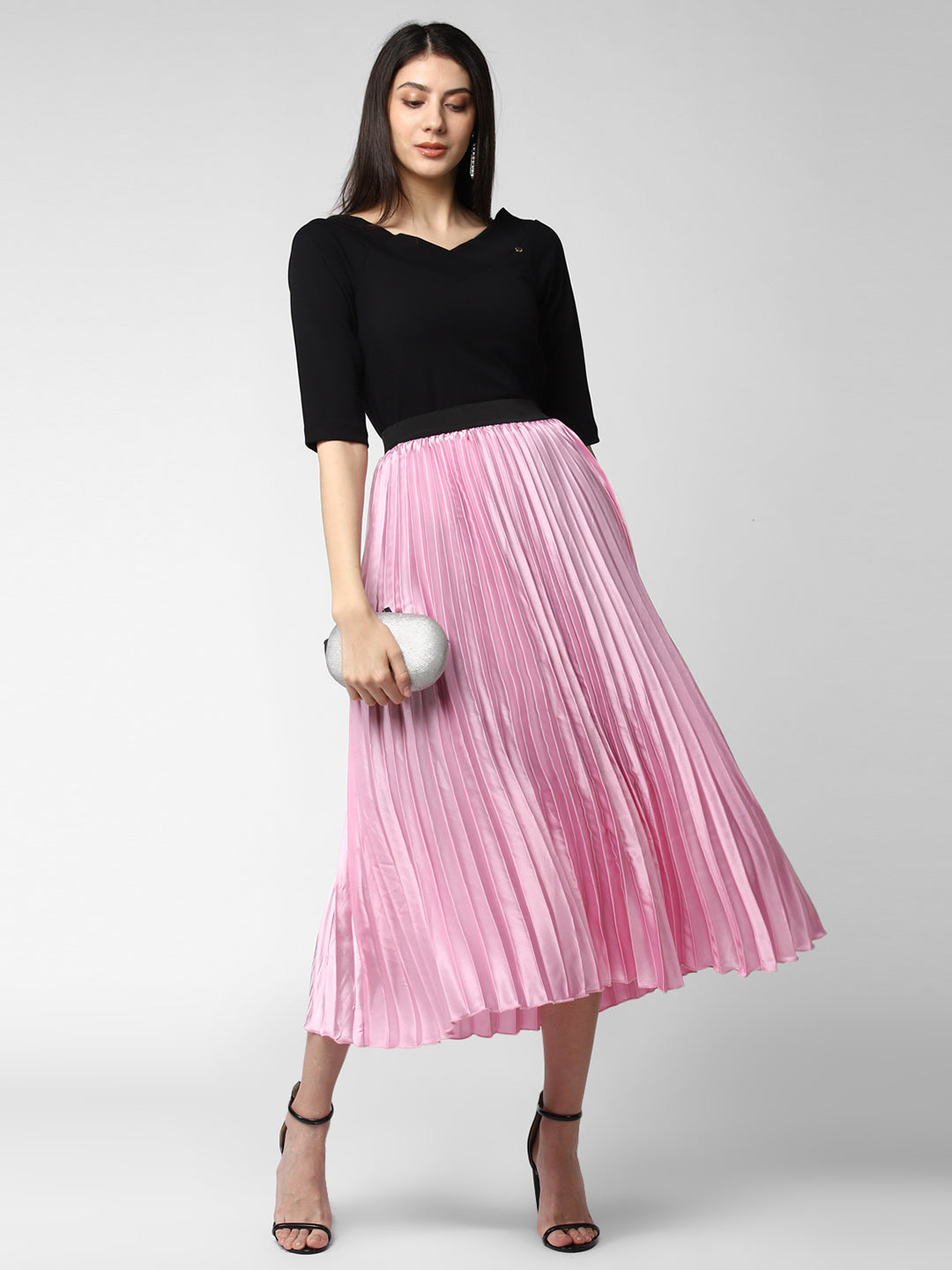 Women's Pink Satin Pleated Skirt